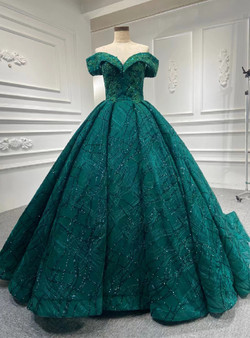 Green Tulle Sequins Appliques Off the Shoulder Prom Dress